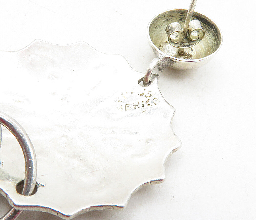 MEXICO 925 Silver Vintage Shiny Floral Etched Design Dangle Earrings EG4676