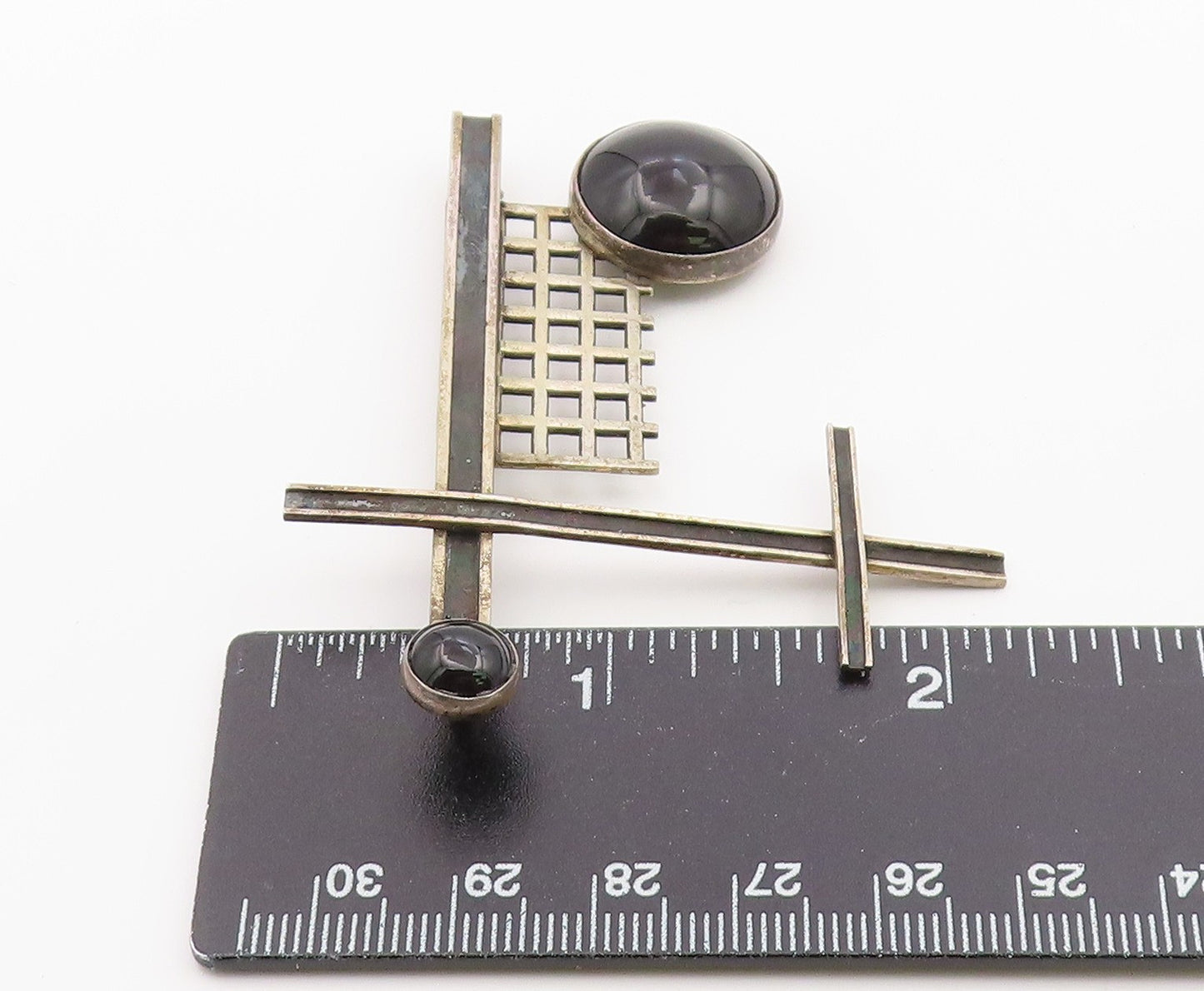 925 Sterling Silver Vintage Brooch Pin Classic Onyx Geometric Sculpture BP12598