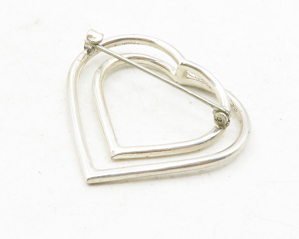 925 Sterling Silver Vintage Shiny Double Open Love Hearts Brooch Pin BP4660