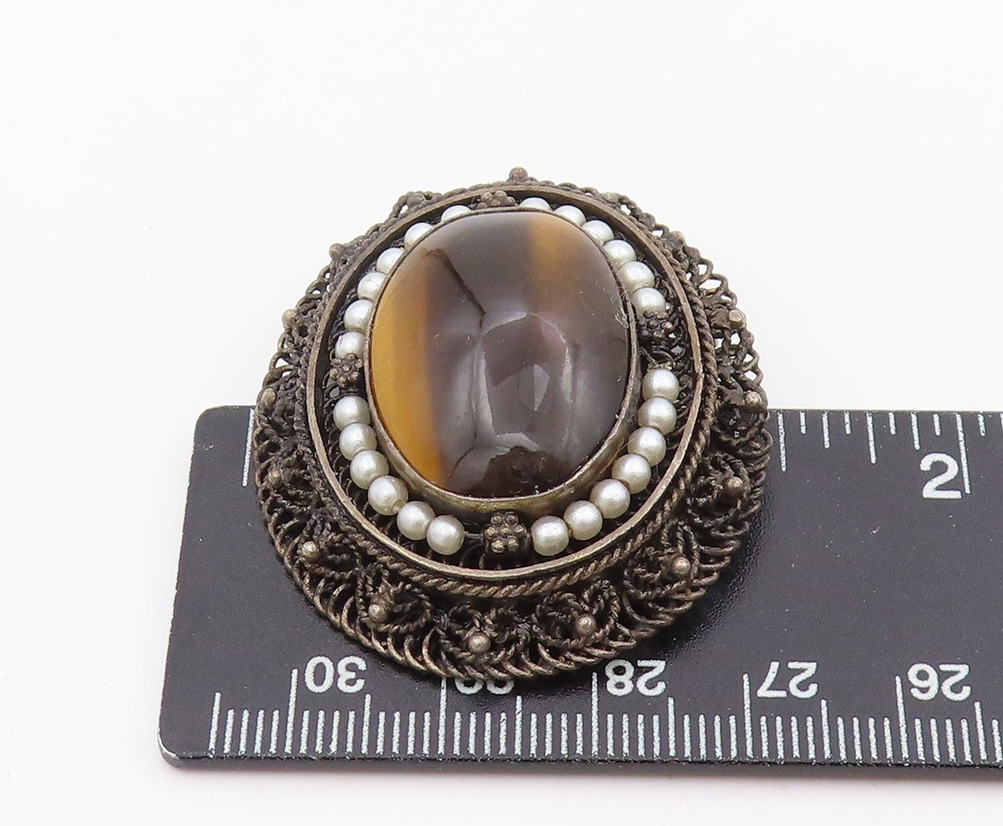 925 Sterling Silver Vintage Brooch Cabochon Tiger's Eye & Pearl Pin BP12091