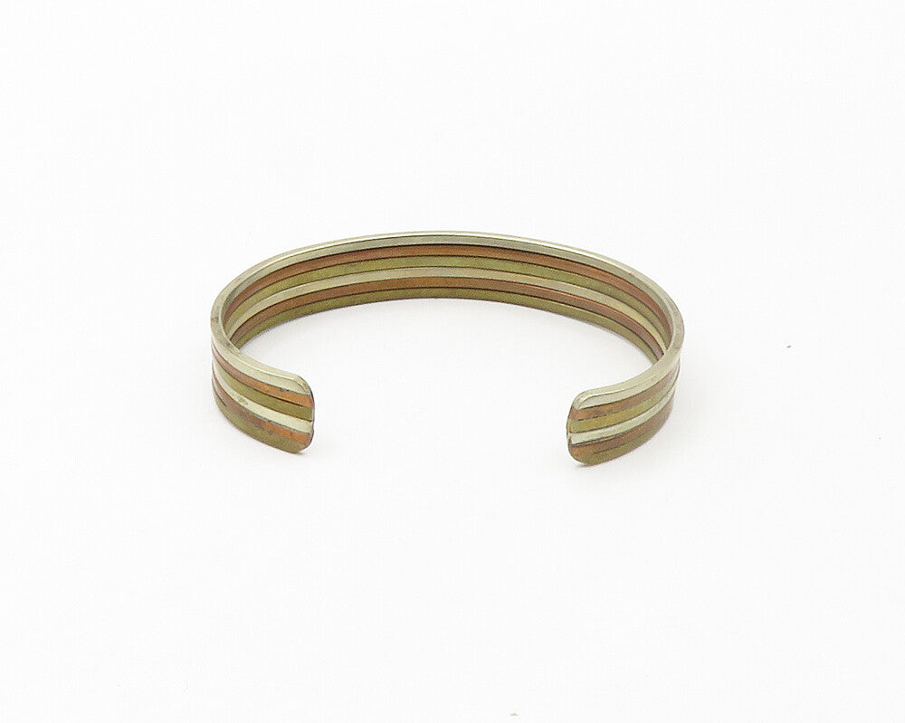 925 Sterling Silver Vintage Shiny Three Tone Striped Cuff Bracelet BT6708