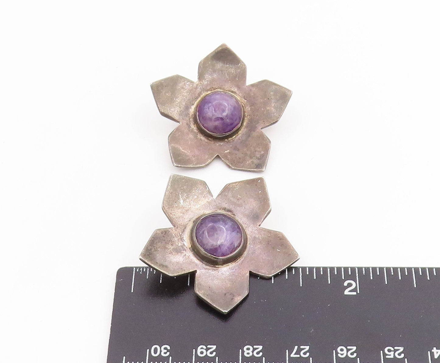 925 Sterling Silver Vintage Earrings MEXICO Cabochon Amethyst Flower EG14093
