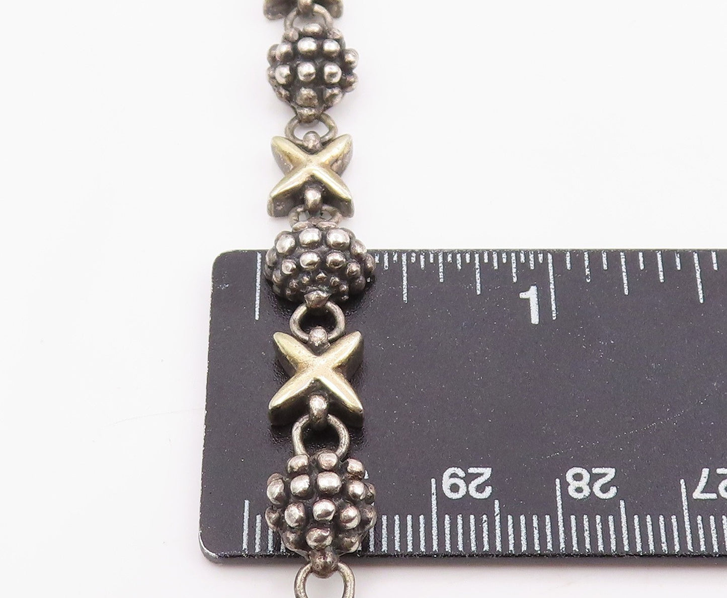 14k Gold & 925 Sterling Silver Vintage Bracelet Beaded Ball & Cross Link BT11978