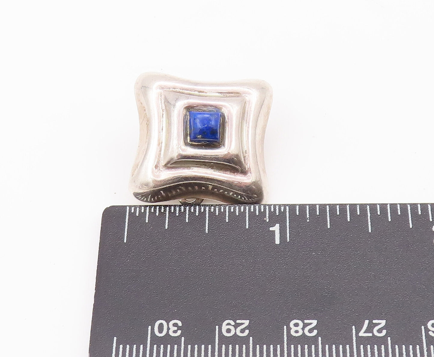 925 Sterling Silver Earrings MEXICO Brutalist Square Carved Lapis Lazuli EG12839