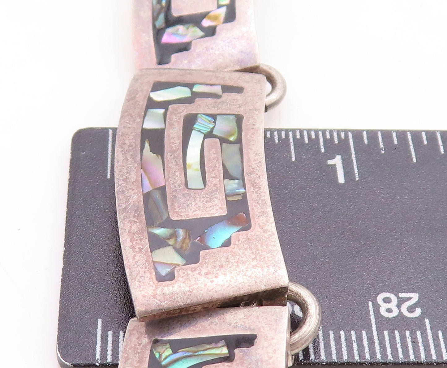 MEXICO 925 Sterling Silver Vintage Abalone Greek Key Chain Necklace NE1969