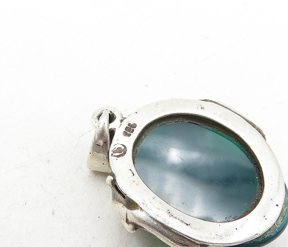 925 Sterling Silver Vintage Faceted Green Agate Dolphins Drop Pendant PT6598