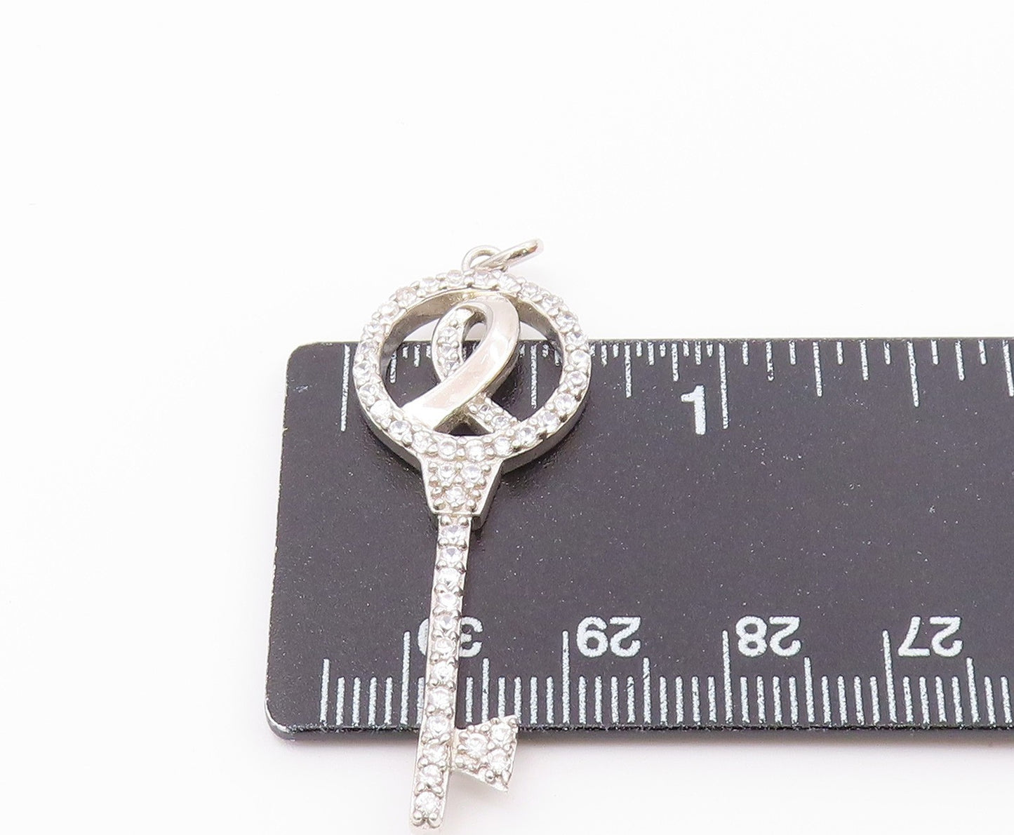 925 Sterling Silver Vintage Cubic Zirconia Ribbon Key Motif Pendant PT16816