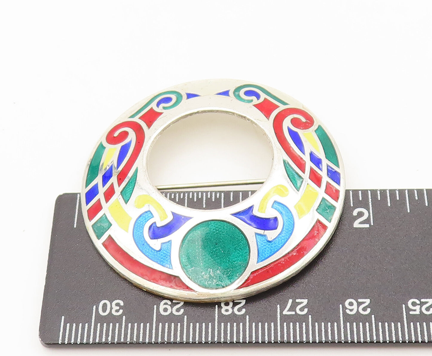 925 Sterling Silver Vintage Brooch Pin EUROPE Swirly Carved Enameled BP10599