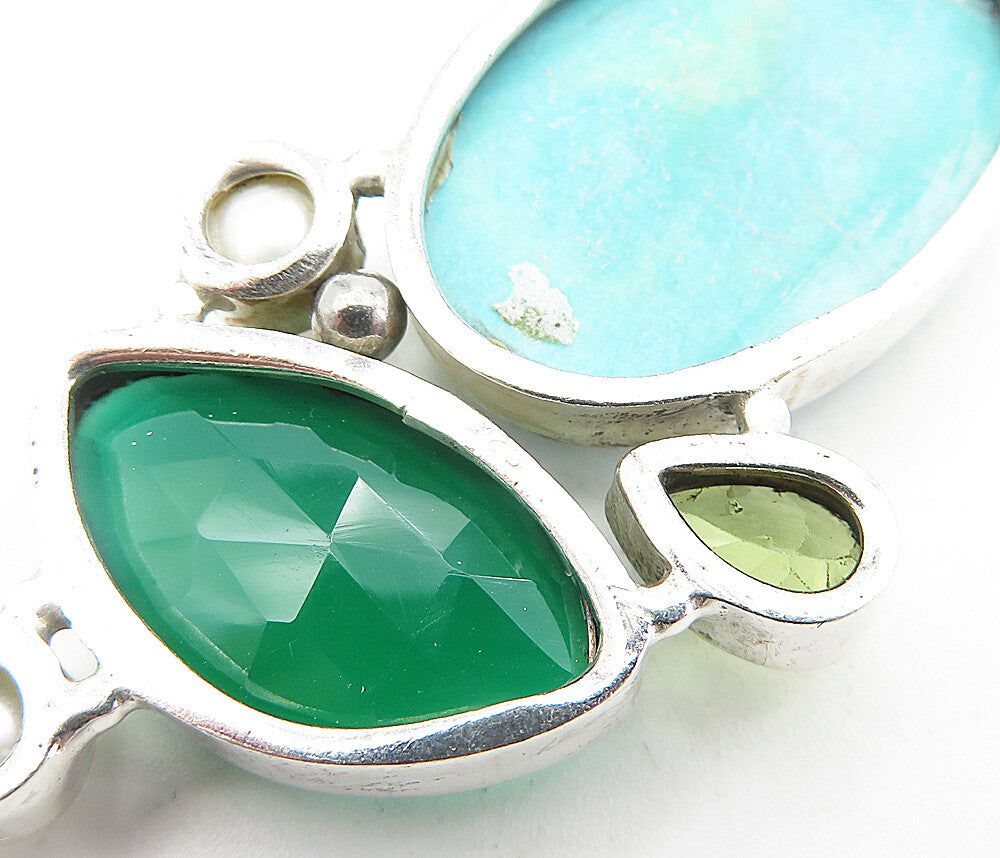 925 Silver Vintage Pearls Turquoise Peridot & Carnelian Drop Pendant PT3371
