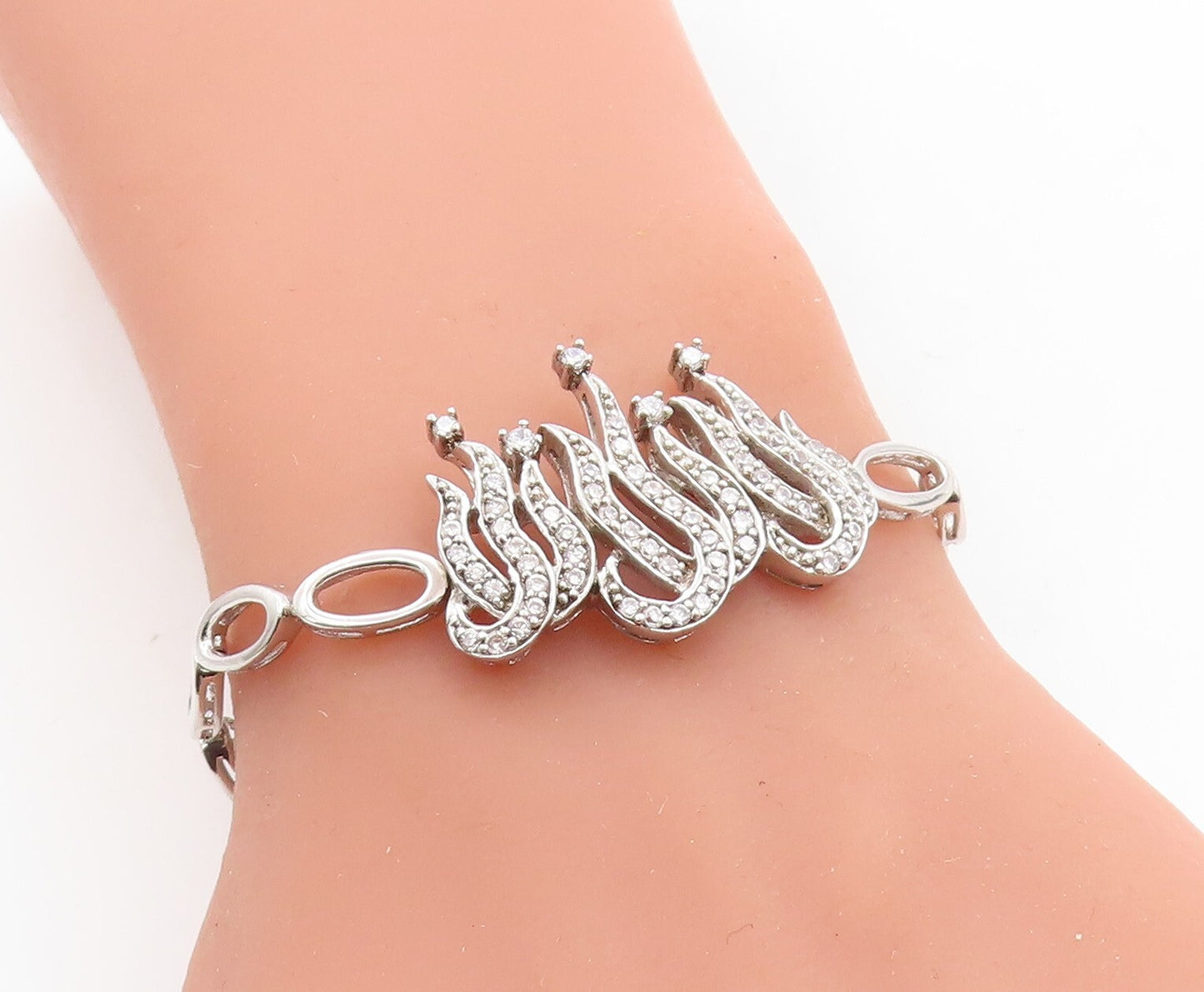 925 Sterling Silver Sparkling Cubic Zirconia Oval Link Chain Bracelet BT2372