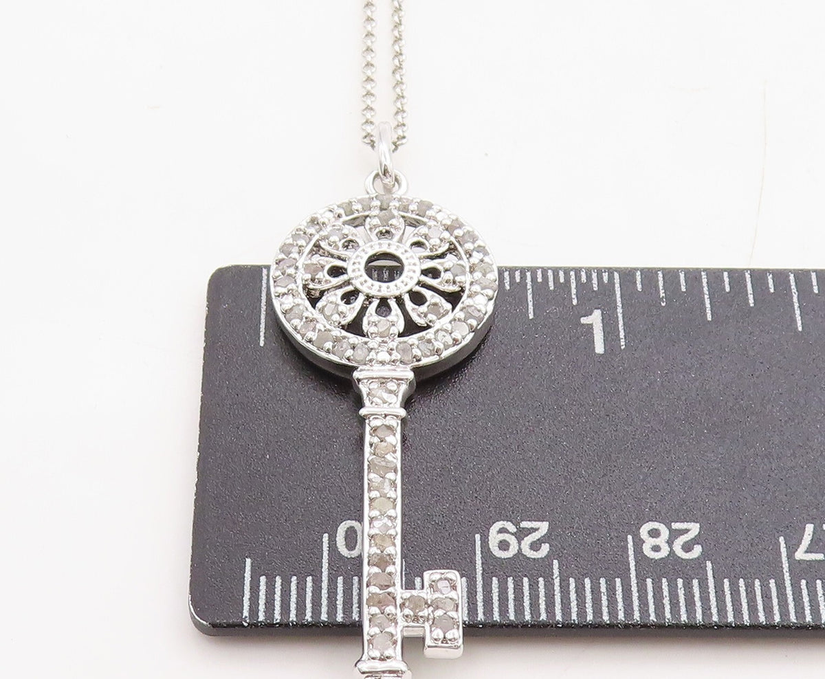925 Sterling Silver Genuine Diamonds Floral Key Motif Chain Necklace NE1892