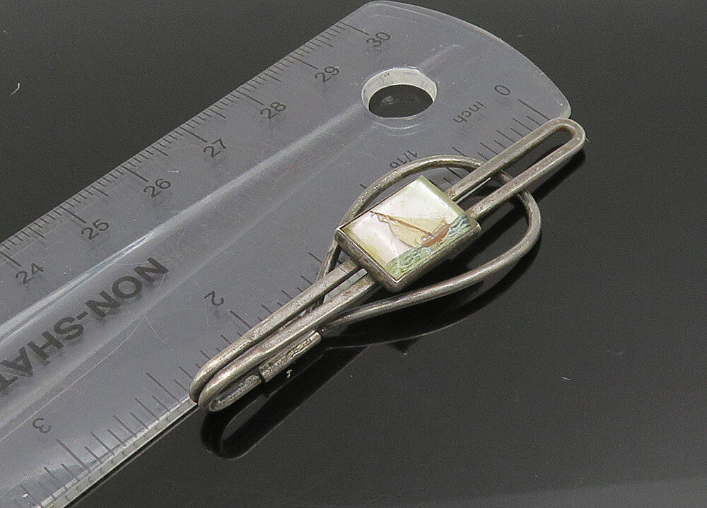 925 Sterling Silver Vintage Mother Of Pearl Dark Tone Tie Clip TR3182