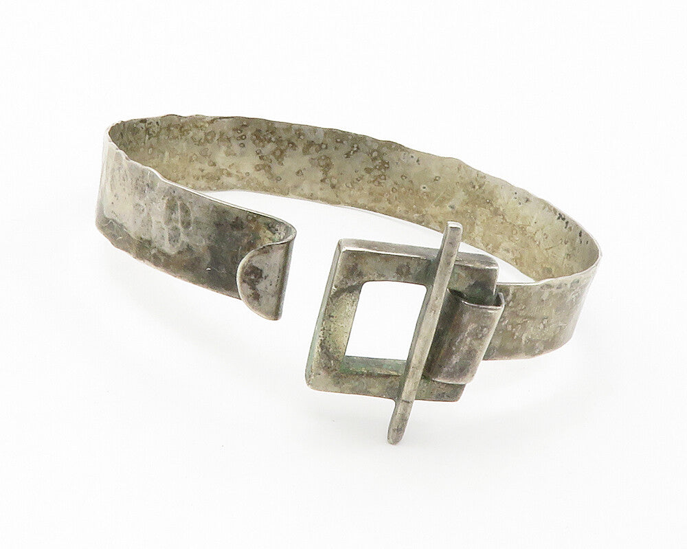 925 Sterling Silver Vintage Dark Tone Square Buckle Bangle Bracelet BT5436