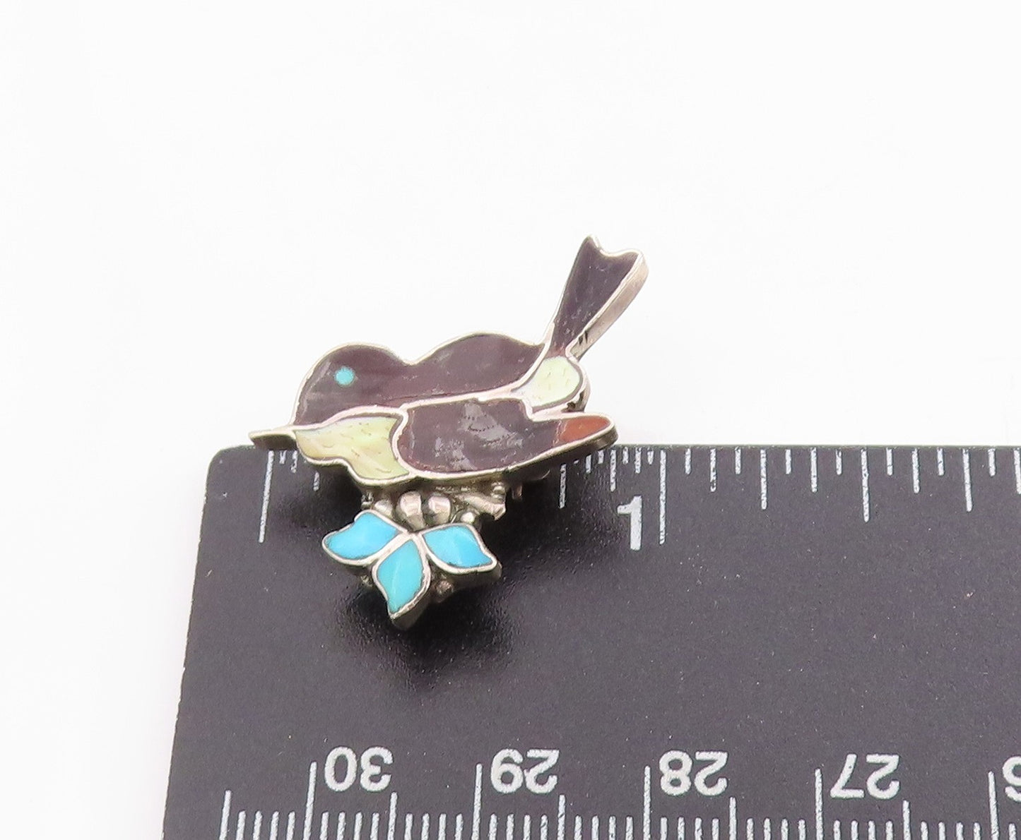 925 Sterling Silver Vintage Brooch NAVAJO ZUNI Turquoise Enameled Bird BP11821