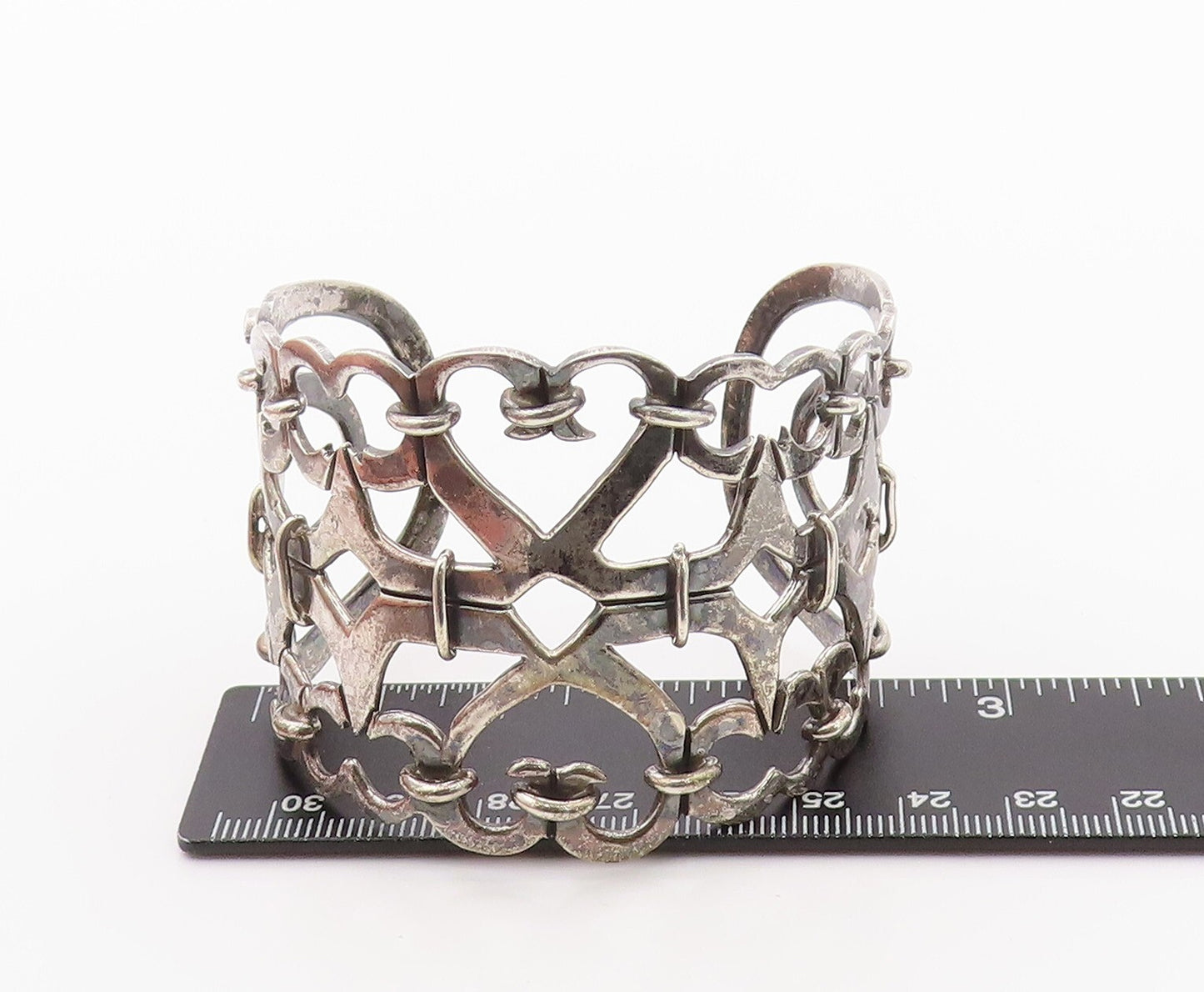 925 Sterling Silver Vintage Bracelet Dark Tone Cutout Heart Linked Cuff BT11127