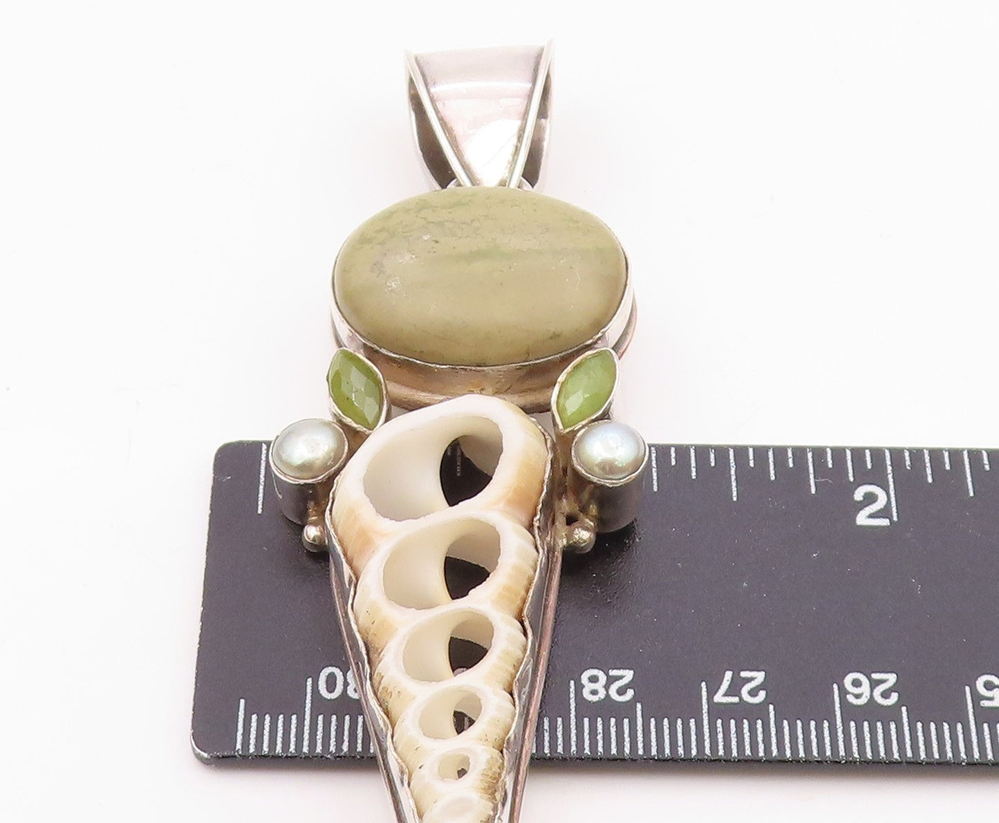 925 Sterling Silver Vintage Pearls Peridot Jasper & Shell Pendant PT19697