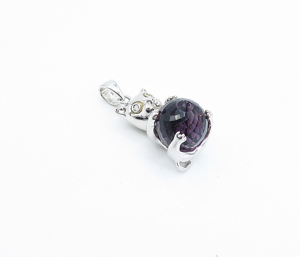925 Sterling Silver Amethyst Sphere & Topaz Accent Teddy Bear Pendant PT2768