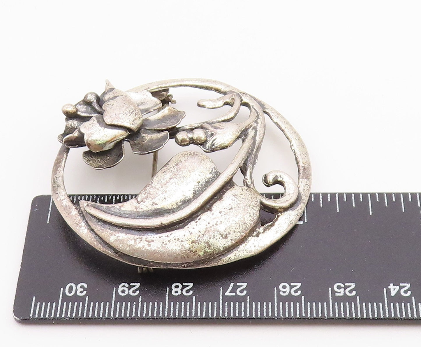 925 Sterling Silver Vintage Antique Floral Swirl Round Brooch Pin BP7047