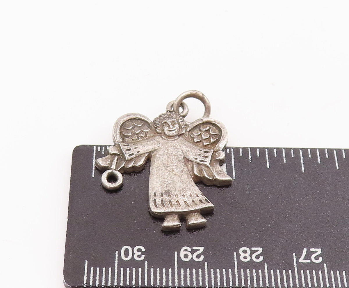 925 Sterling Silver Vintage Pendant Solid Carved Happy Angle With Wings PT22879