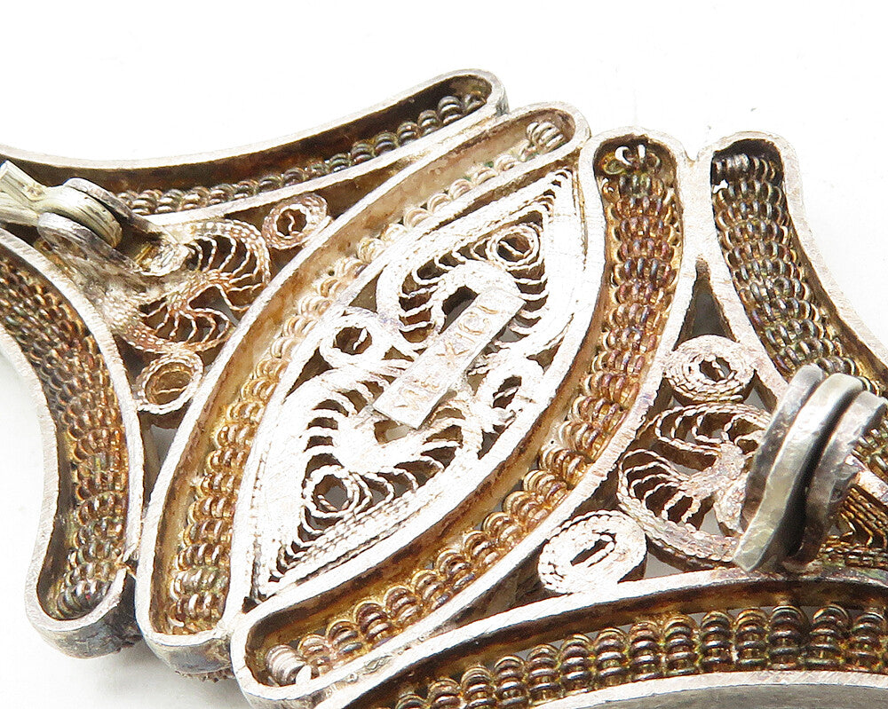 MEXICO 925 Sterling Silver Vintage Dark Tone Filigree Brooch Pin BP4118