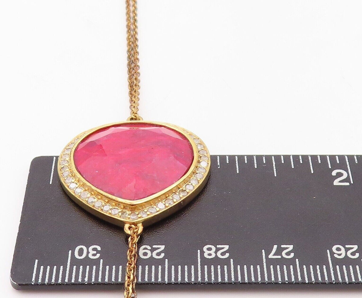 925 Sterling Silver Vintage Bracelet Gold Plated Red Gemstone & Diamonds BT10723
