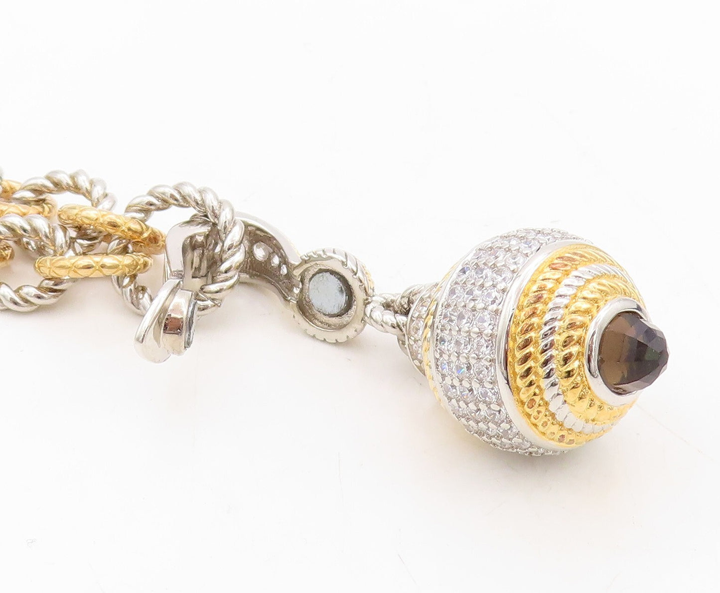 925 Sterling Silver Vintage Necklace Gold Plated Rope Rings CZ Inlay Ball NE4375
