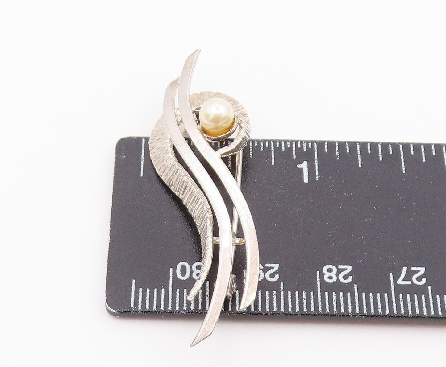 925 Sterling Silver Vintage Brooch Pin Modernist Pearl Ribbon Swirl BP12639