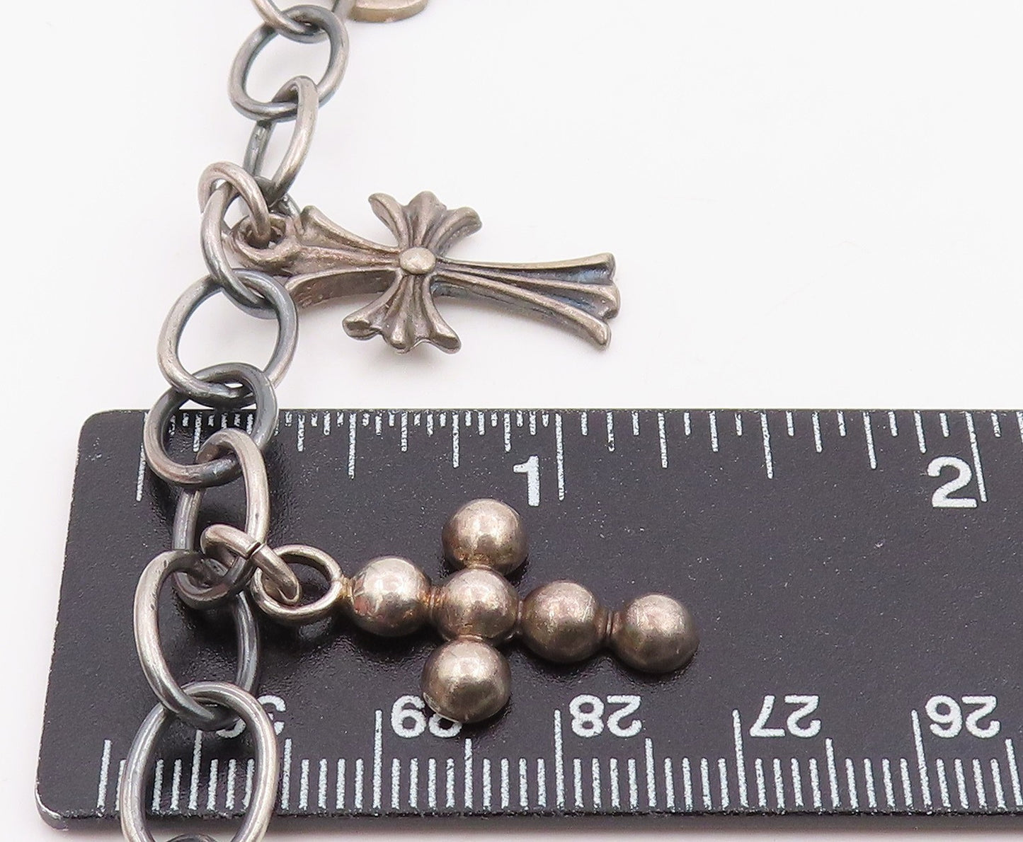 925 Sterling Silver Vintage Bracelet MEXICO Religious Cross Charms Link BT11866