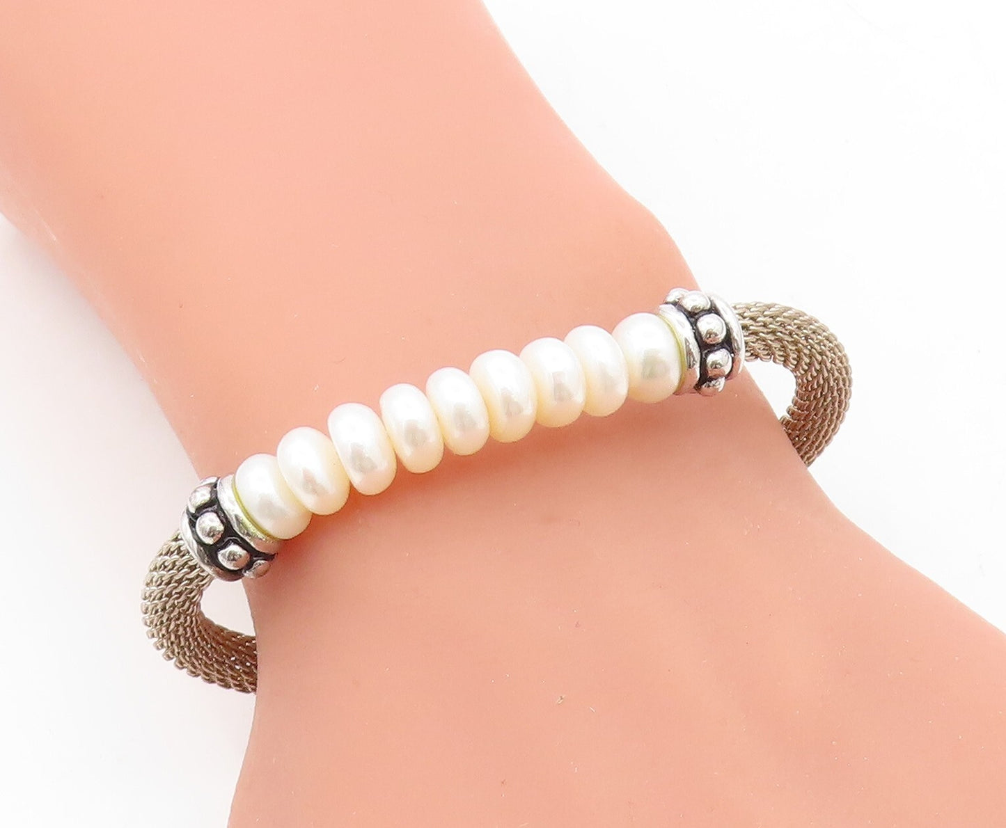 925 Sterling Silver Vintage Button Pearls Beaded Mesh Chain Bracelet BT3225