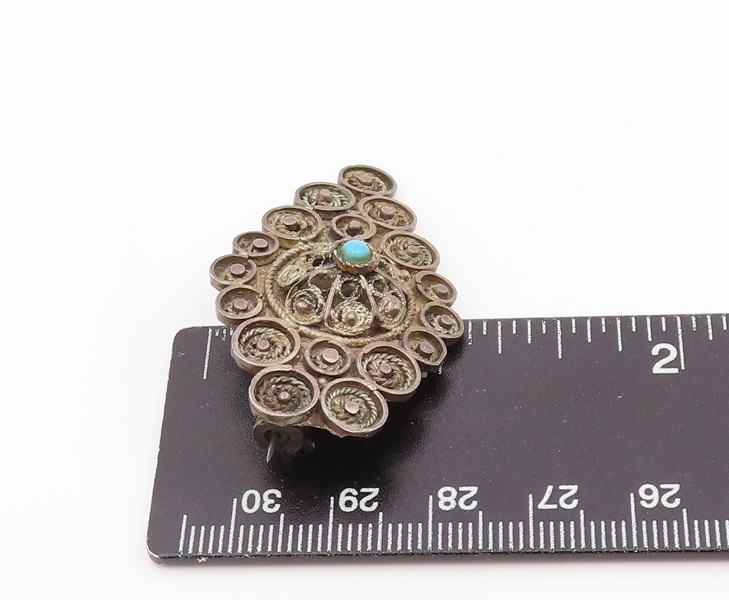 925 Sterling Silver Vintage Brooch Pin ISRAEL Turquoise Intricate Design BP12348