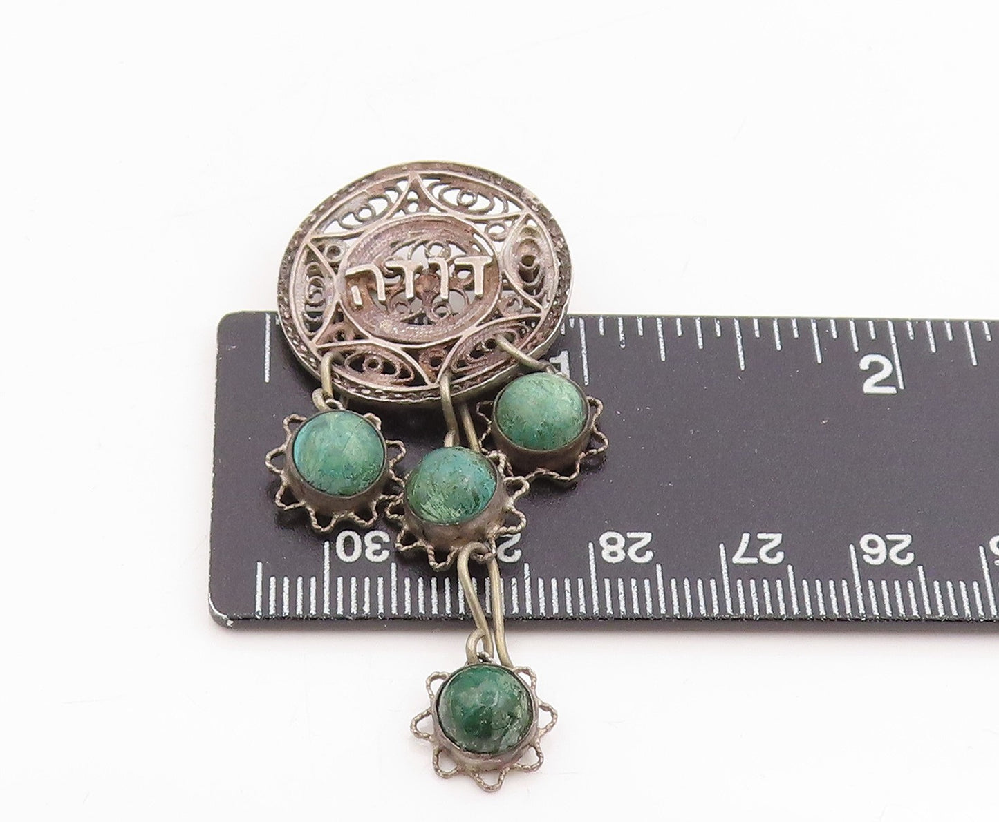 925 Sterling Silver Vintage Brooch Cabochon Turquoise Bohemian Dangling BP12033