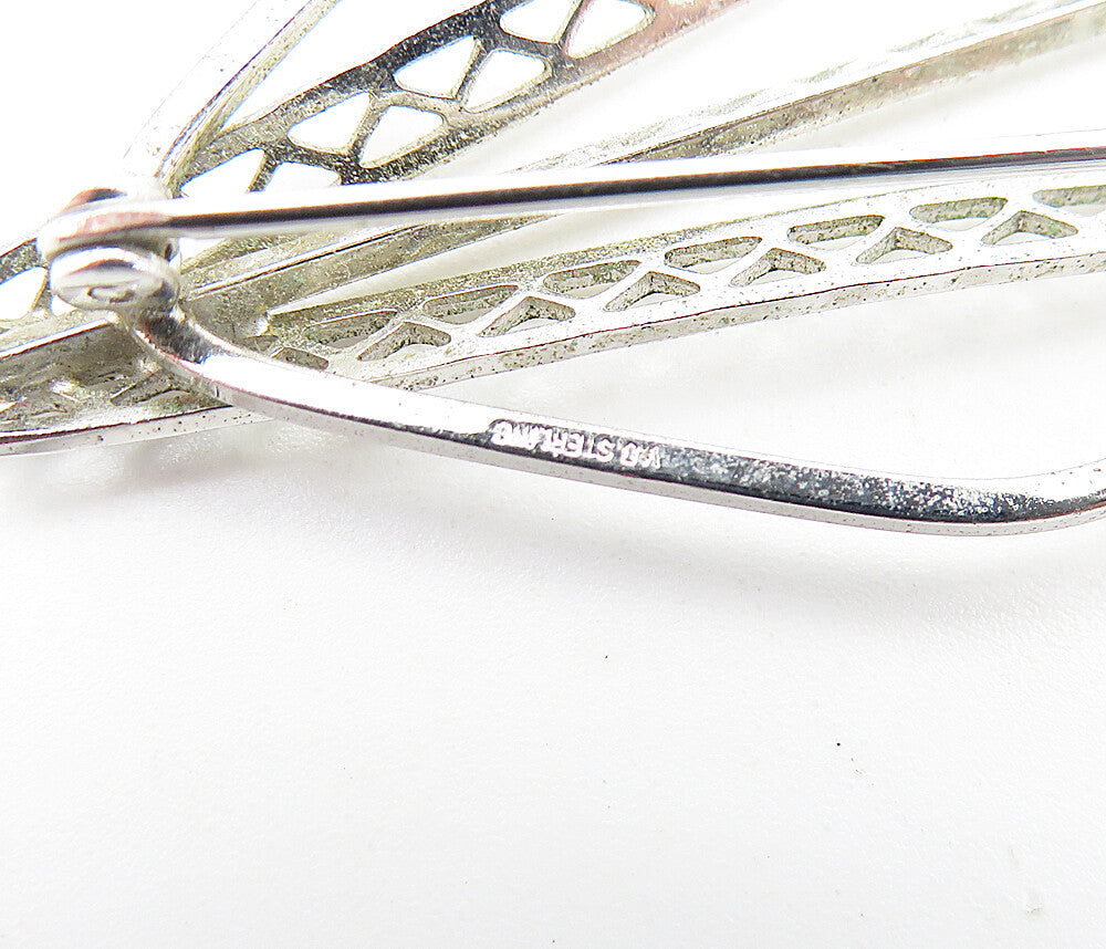 925 Sterling Silver Vintage Shiny Polished Open Design Brooch Pin BP2210