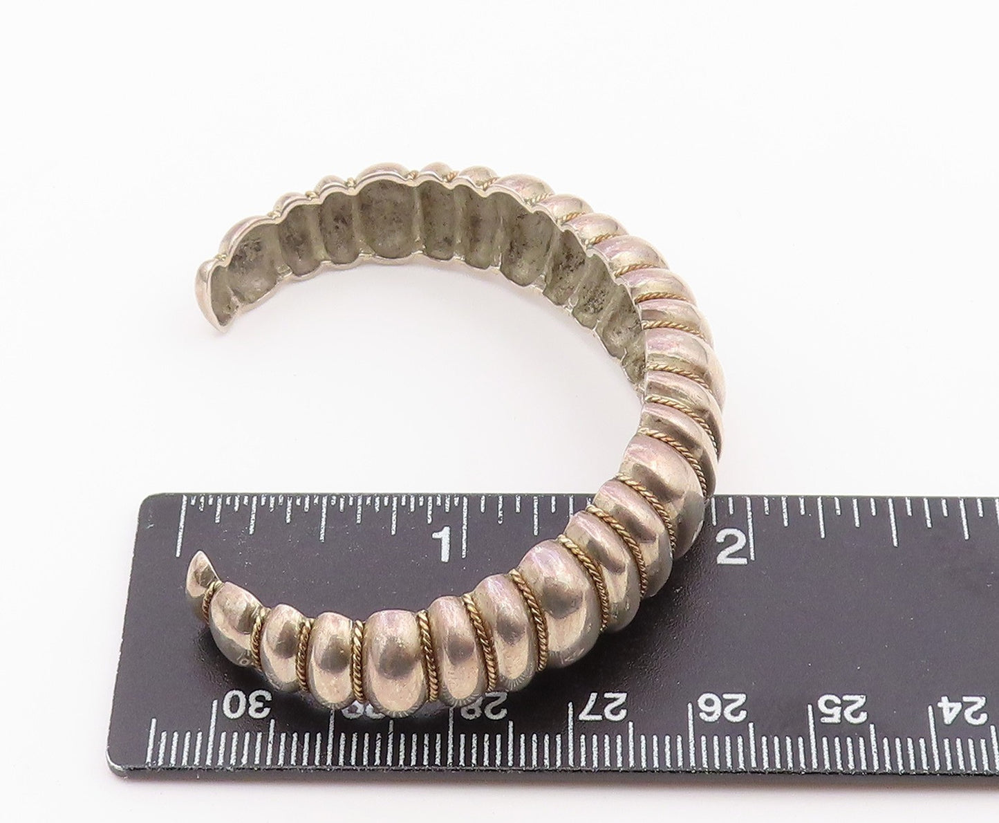 14k Gold & 925 Sterling Silver Vintage Bracelet Chunky Fluted Dome Cuff BT12143