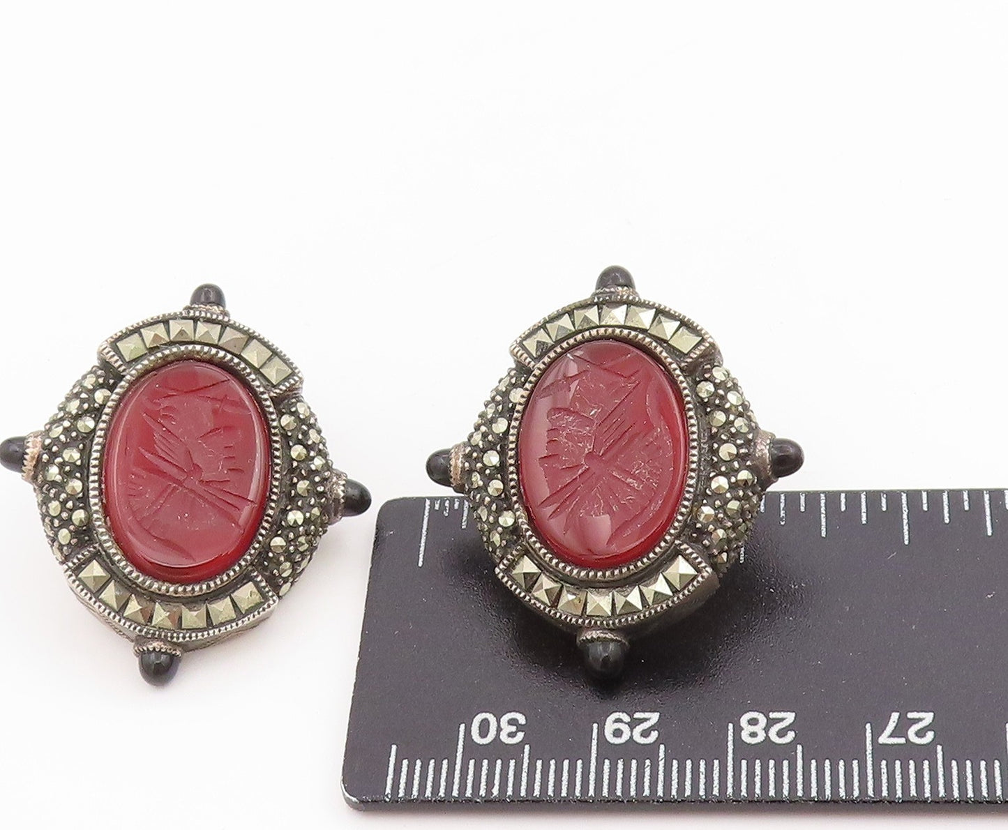 925 Sterling Silver Vintage Earrings JUDITH JACK Carved Carnelian Cuffs EG13716