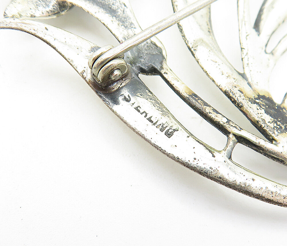 925 Sterling Silver Vintage Shiny Oxidized Sculpted Flowers Brooch Pin BP2254