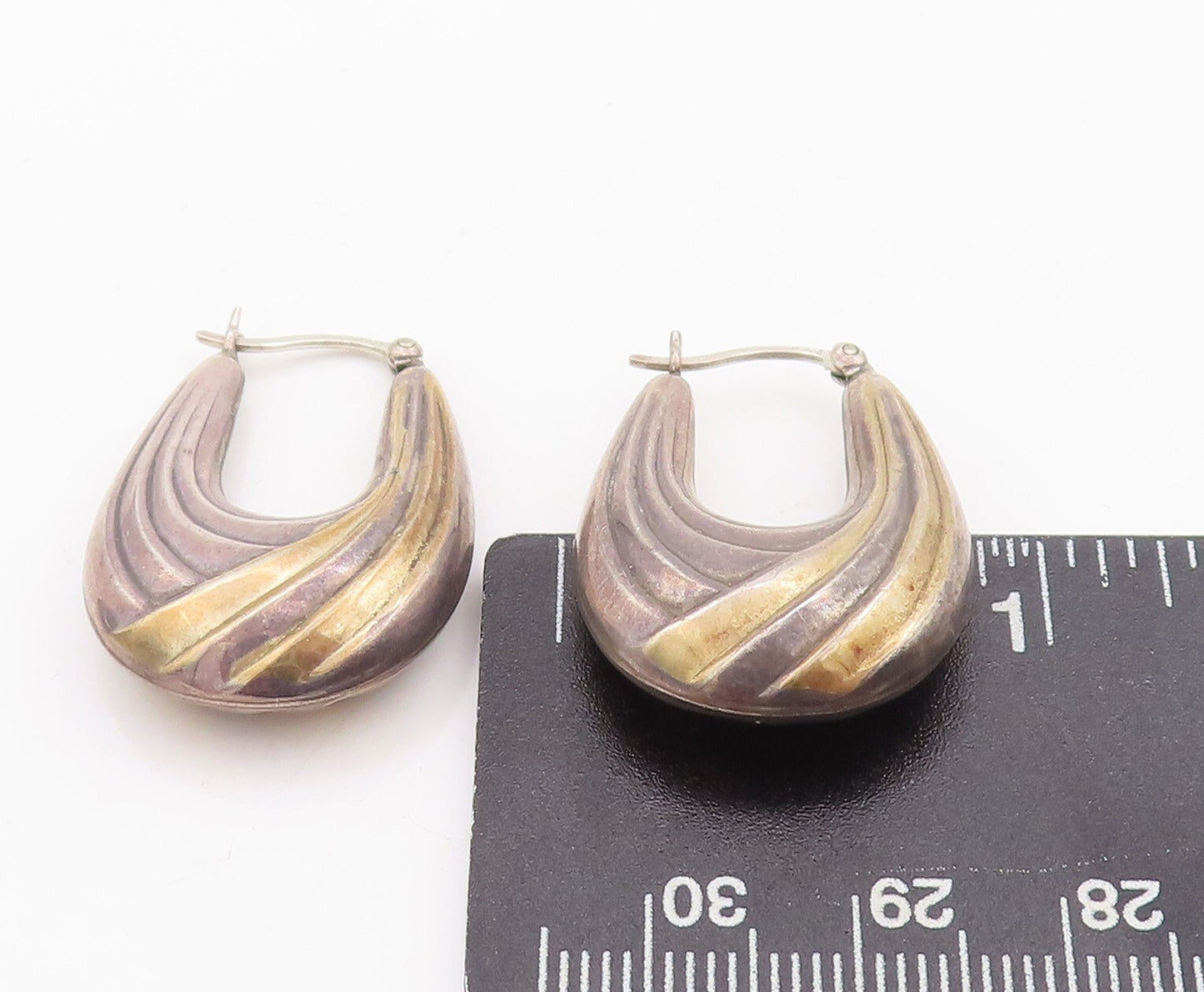14k Gold 925 Sterling Silver Vintage Earrings Modernist Grooved U Hoop EG13123