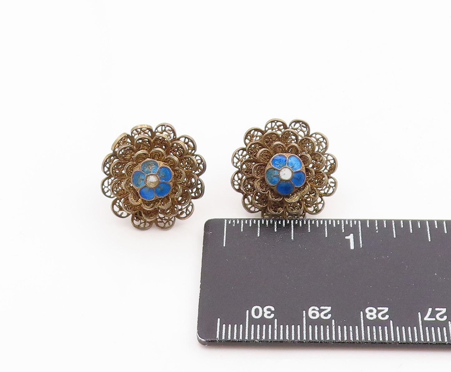 925 Sterling Silver Vintage Earrings TOPAZIO Enamel Filigree Flower EG14312