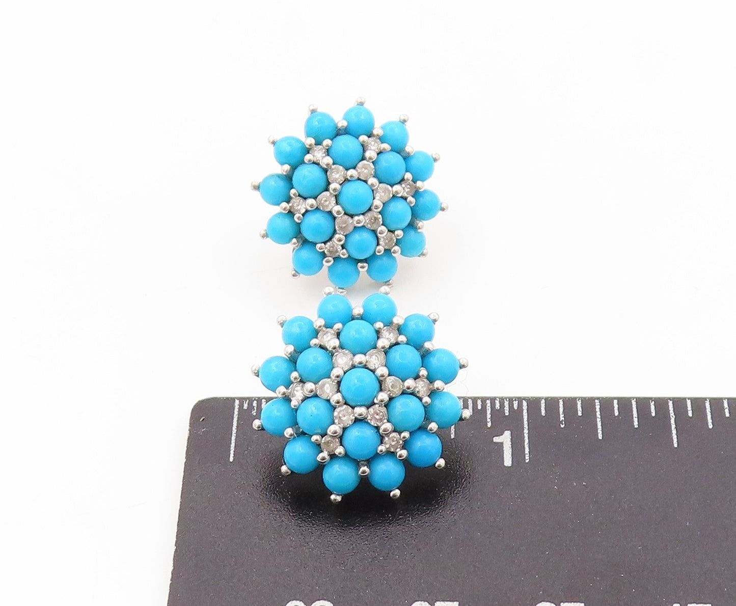 925 Sterling Silver Vintage Earrings Cabochon Larimar & CZ Flower EG13389