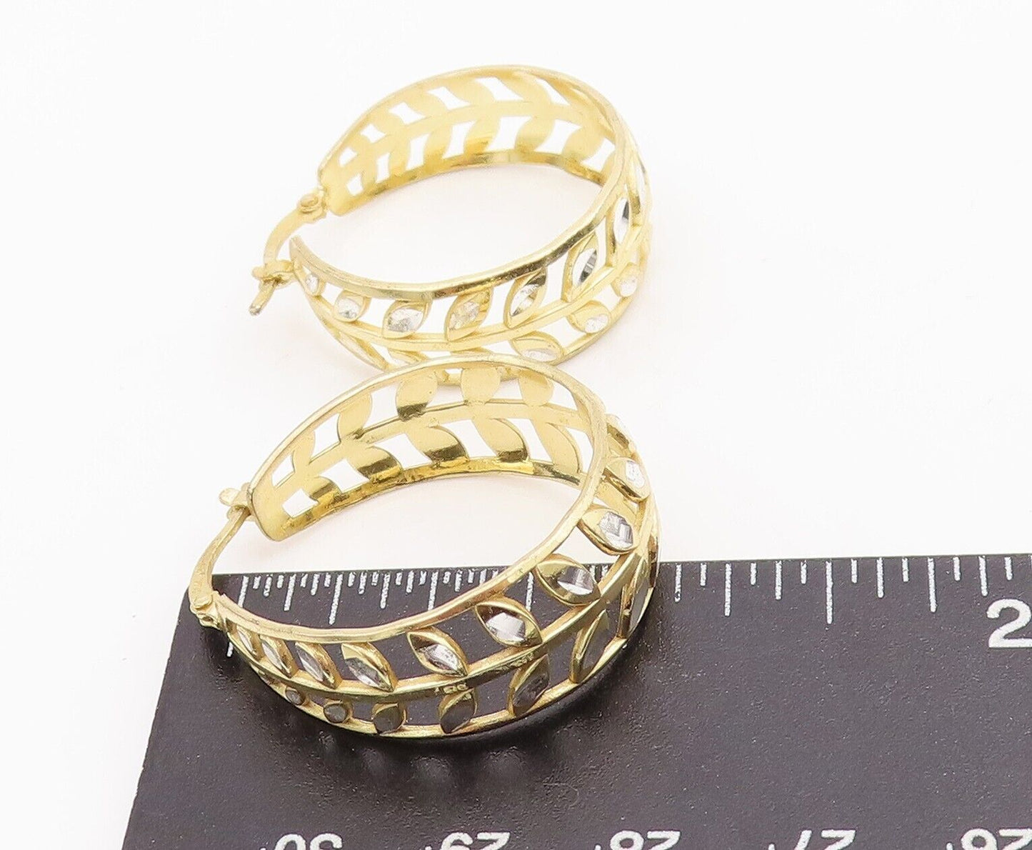 925 Sterling Silver Vintage Earrings Gold Plated Leaf Cutout Hoops EG13089