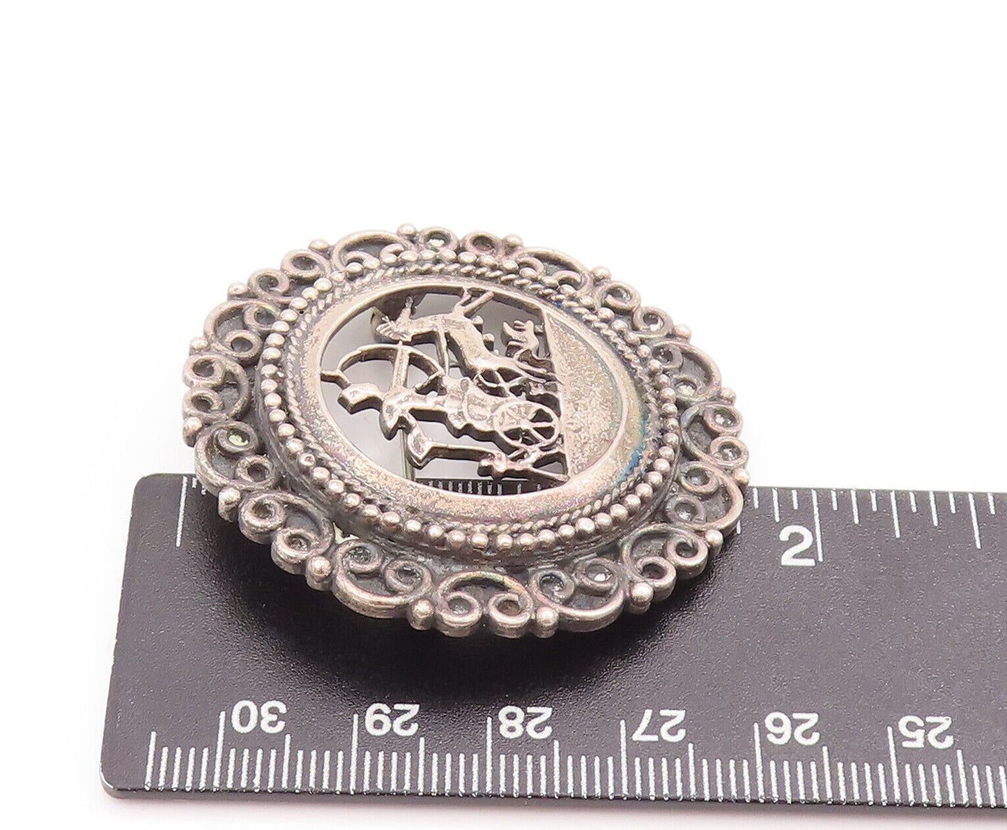 925 Sterling Silver Vintage Brooch Pin Antique Carved War Landscape BP10887