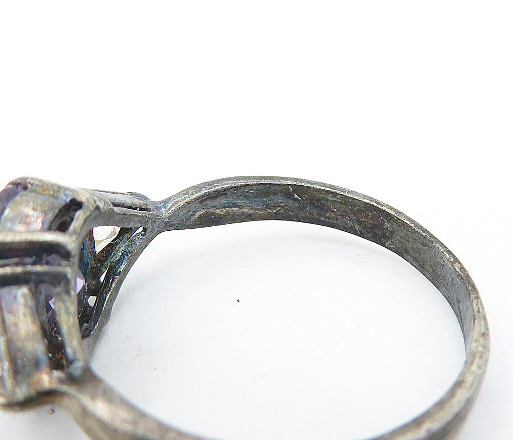 925 Silver Vintage Purple & White Cubic Zirconia Band Ring Sz 9.5 RG7144