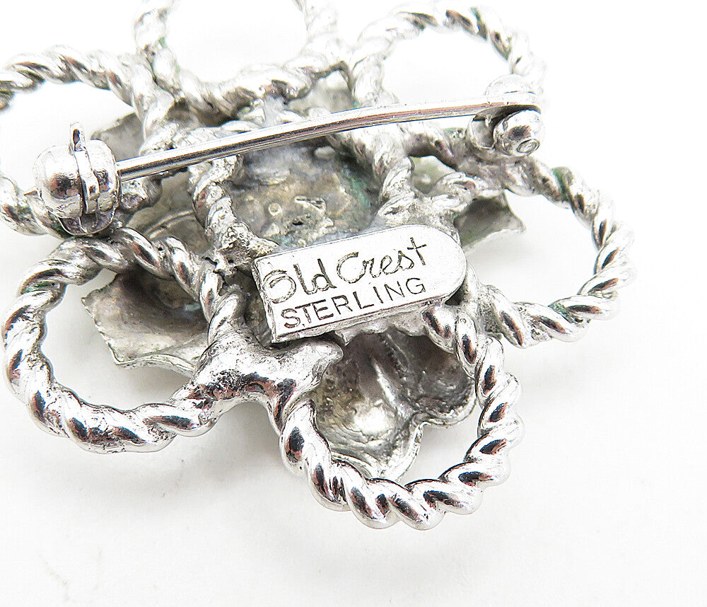 OLD CREST 925 Sterling Silver Vintage Shiny Flower Twist Brooch Pin BP2761