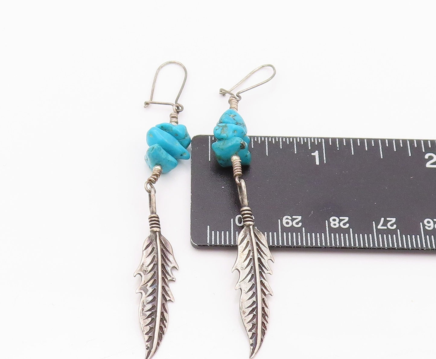 925 Sterling Silver Vintage Earrings NAVAJO Turquoise Carved Feather EG13487