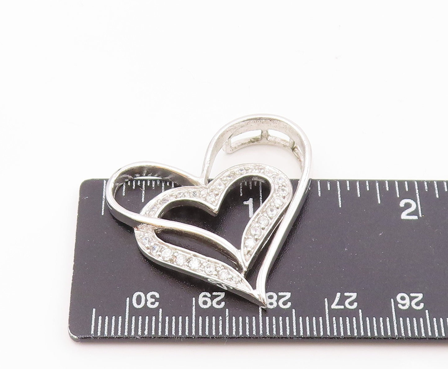 925 Sterling Silver Vintage Shiny Topaz Open Love Hearts Pendant PT18904