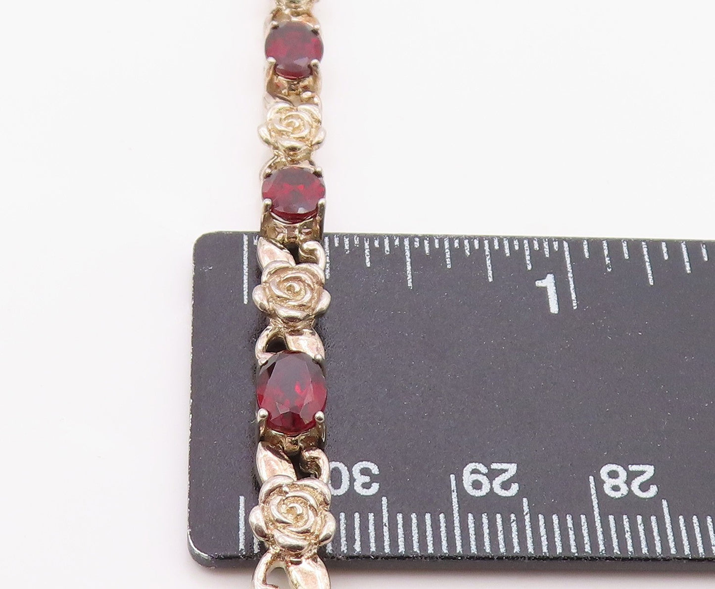 925 Sterling Silver Vintage Bracelet Elegant Garnet Carved Rose Link BT12123