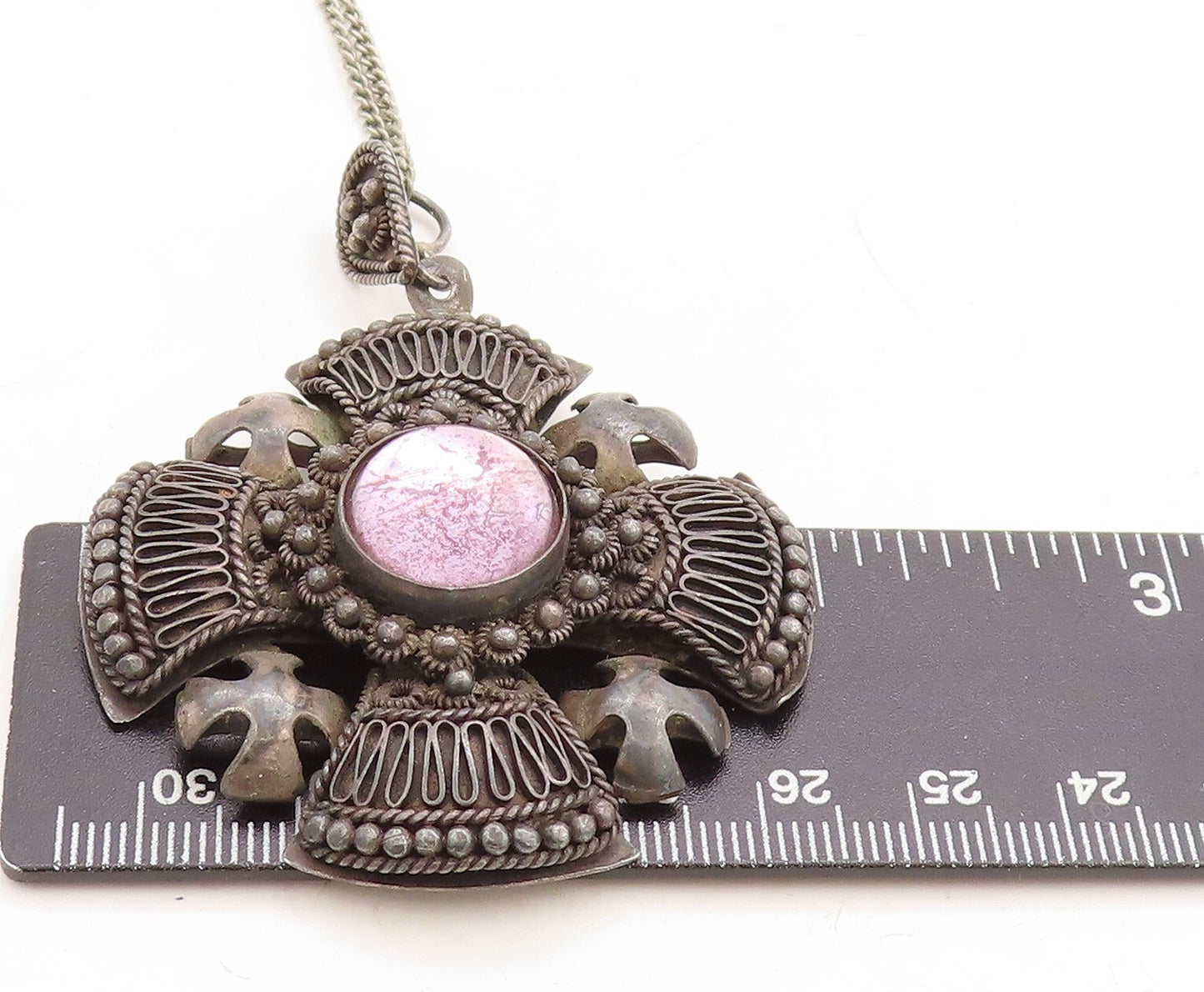 ISRAEL 925 Sterling Silver Vintage Antique Gemstone Cross Chain Necklace NE1973