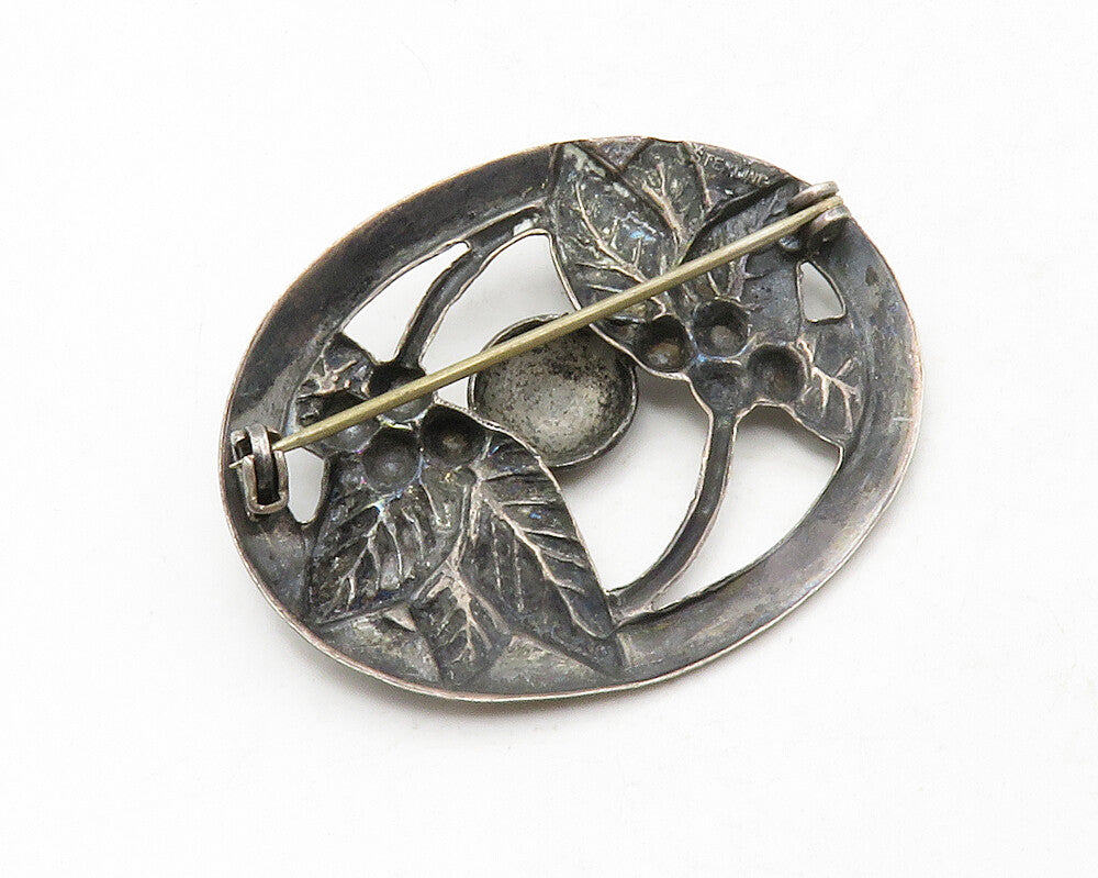925 Sterling Silver Vintage Dark Tone Floral Leaves Oval Brooch Pin BP4954