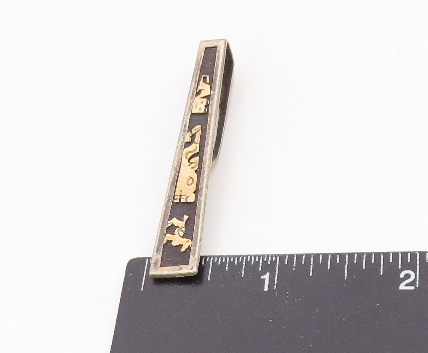 18k Gold & 925 Sterling Silver Vintage Tie Clip Aztec Inca Tribal Art Bar TR4112