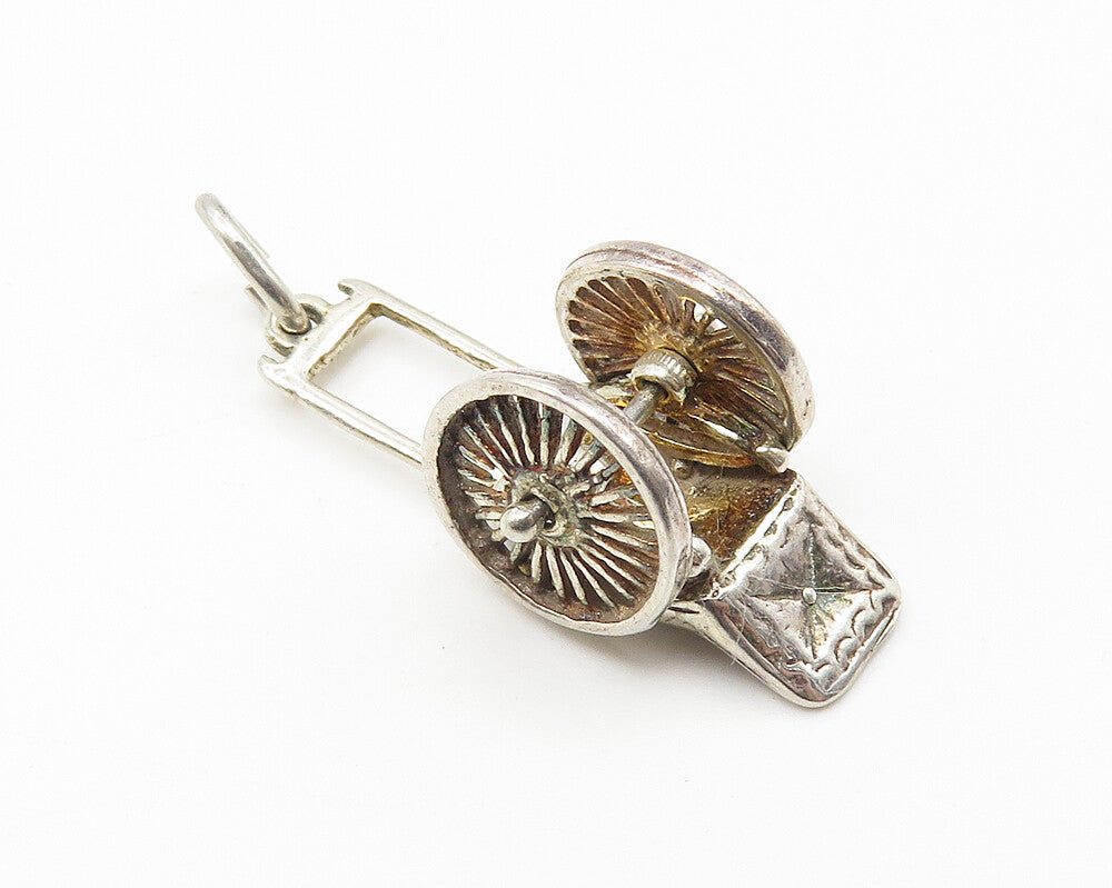 925 Sterling Silver Vintage Shiny Wheelbarrow Motif Drop Pendant PT8431
