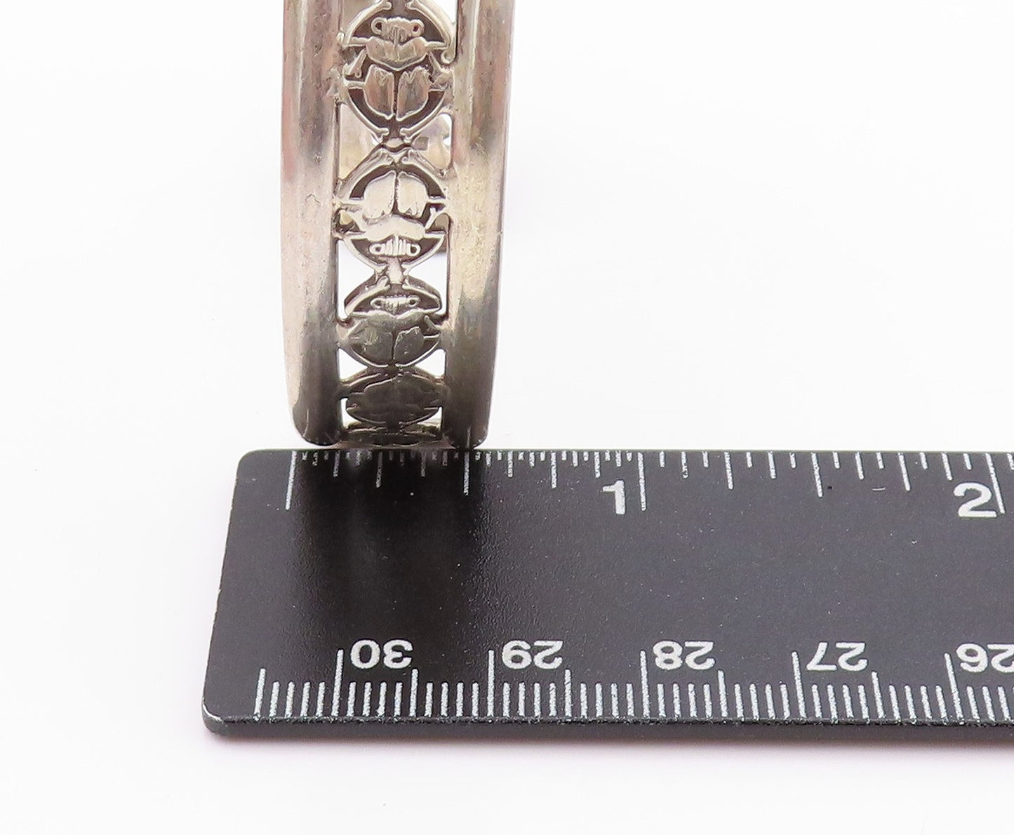 925 Sterling Silver Vintage Bracelet MIDDLE EAST Scarab Band Cut Cuff BT11194